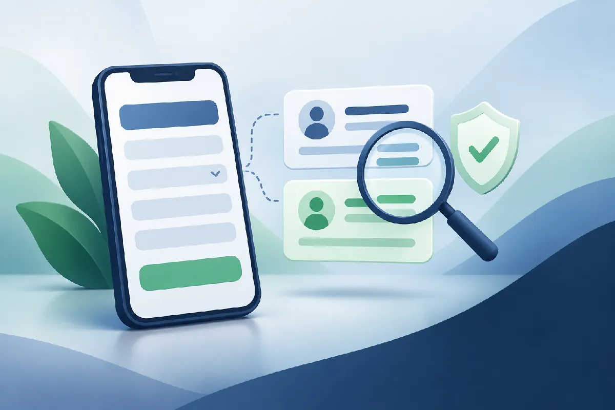 Mavi ve yeşil tonlardaki illüstrasyonda bahis sitesine havale öncesi alıcı bilgilerini karşılaştırmayı temsil eden telefon, büyüteç ve hesap kartları görülüyor.